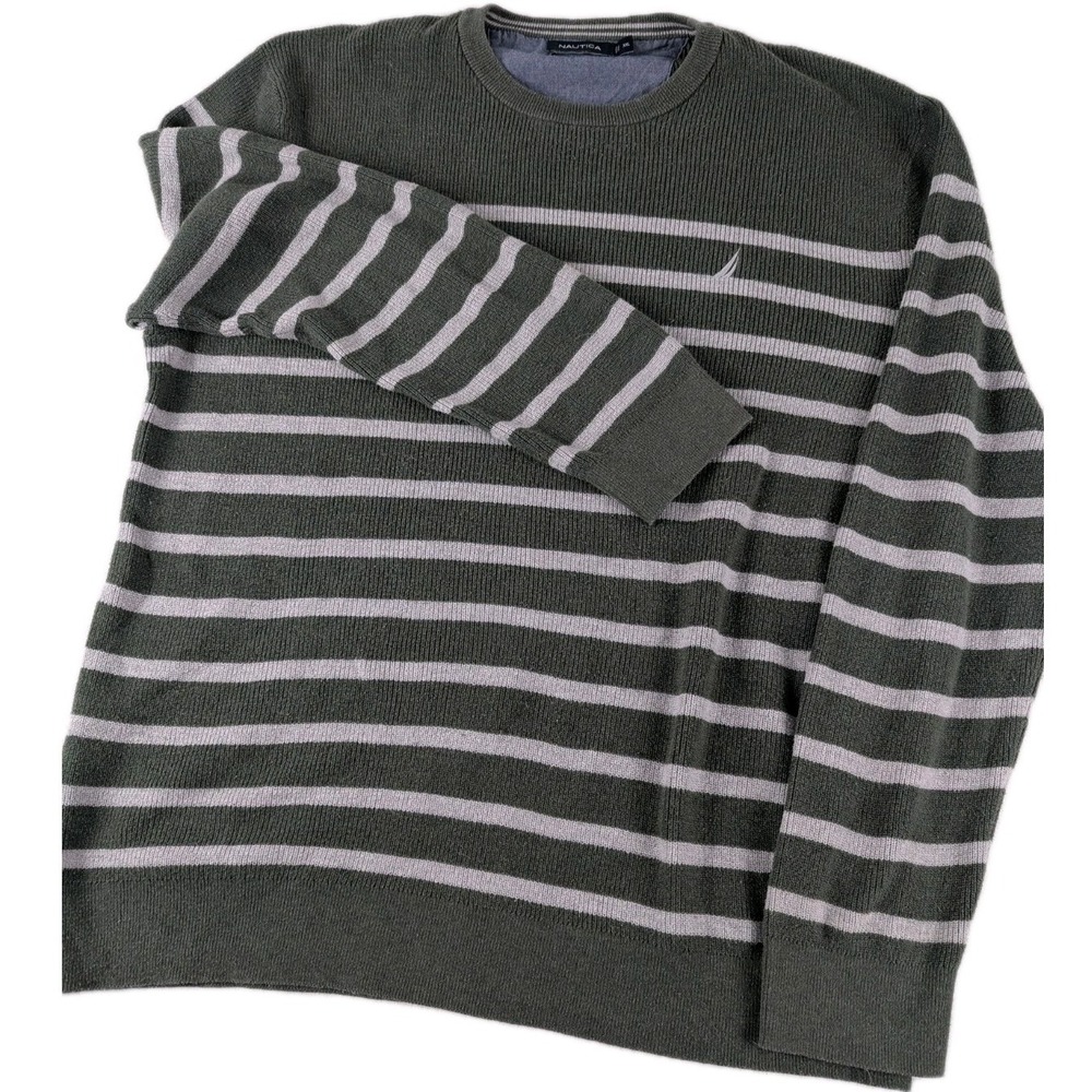 Nautica Mens Sweater XXL Green White Horizontal Striped Warm Cozy Winter Y2K